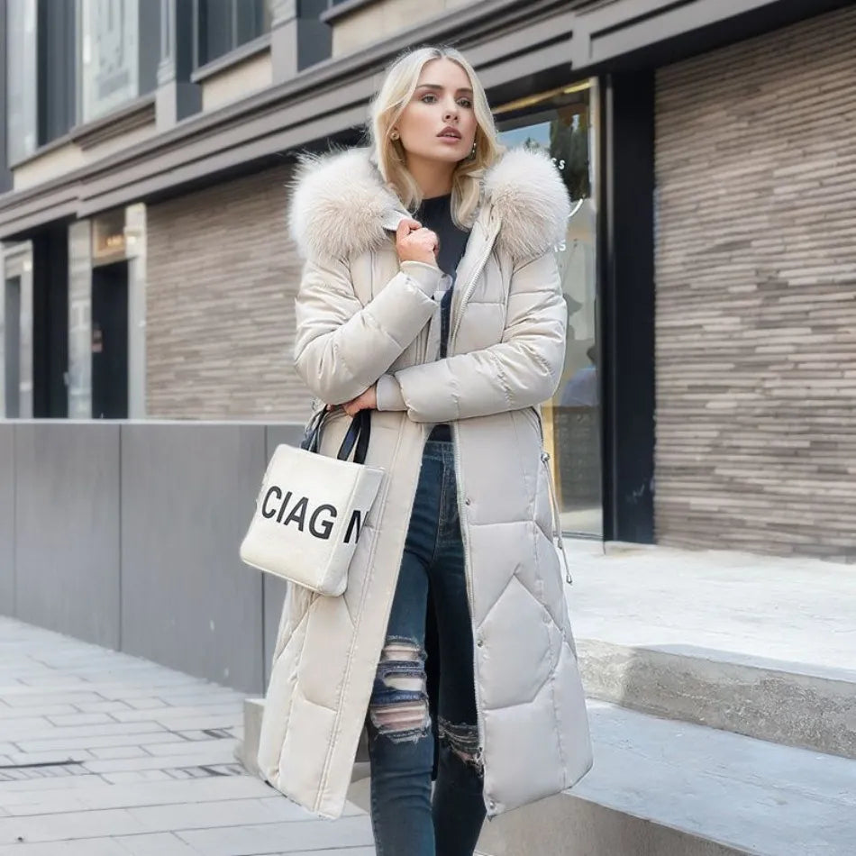 Tahlia Longline Puffer Coat with Fur-Look Hood Trim in White