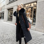 Tahlia Longline Puffer Coat with Fur-Look Hood Trim in Black