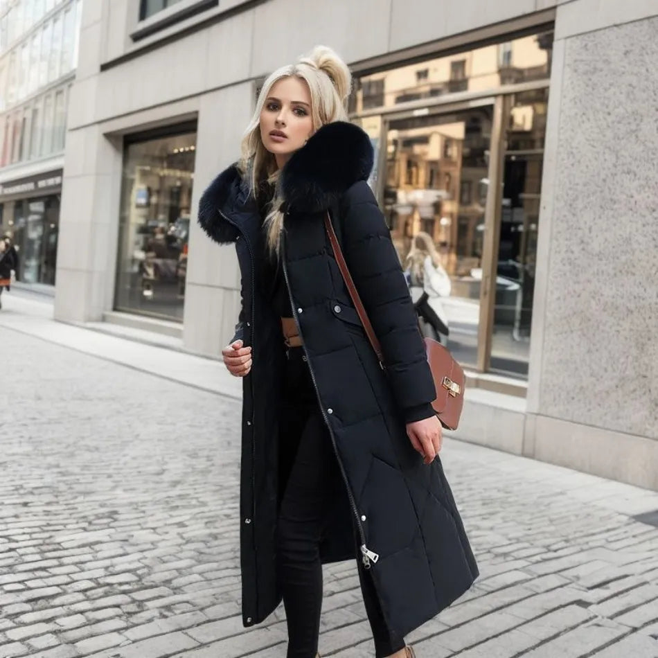 Tahlia Longline Puffer Coat with Fur-Look Hood Trim in Black