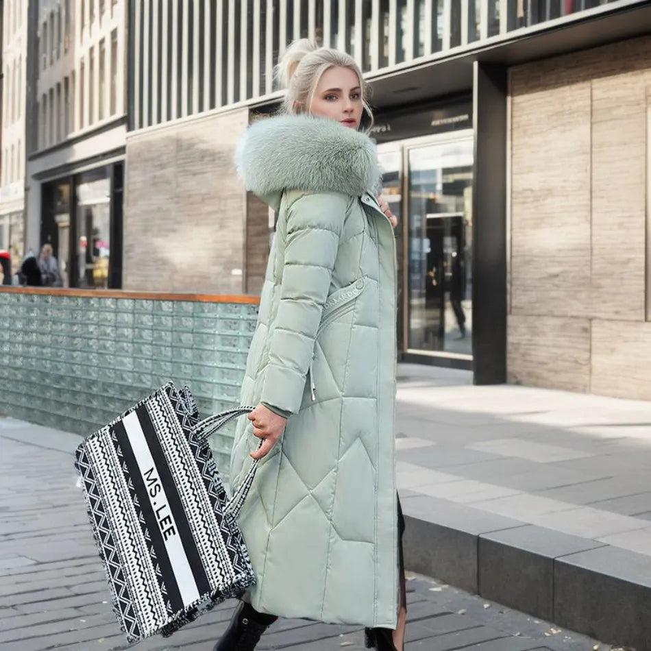 Tahlia Longline Puffer Coat with Fur-Look Hood Trim in Green