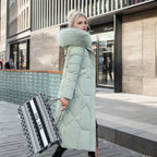 Tahlia Longline Puffer Coat with Fur-Look Hood Trim in Green