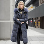 Tahlia Longline Puffer Coat with Fur-Look Hood Trim in Grey