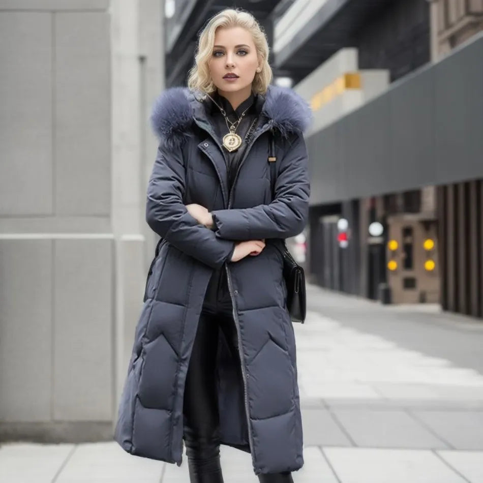 Tahlia Longline Puffer Coat with Fur-Look Hood Trim in Grey