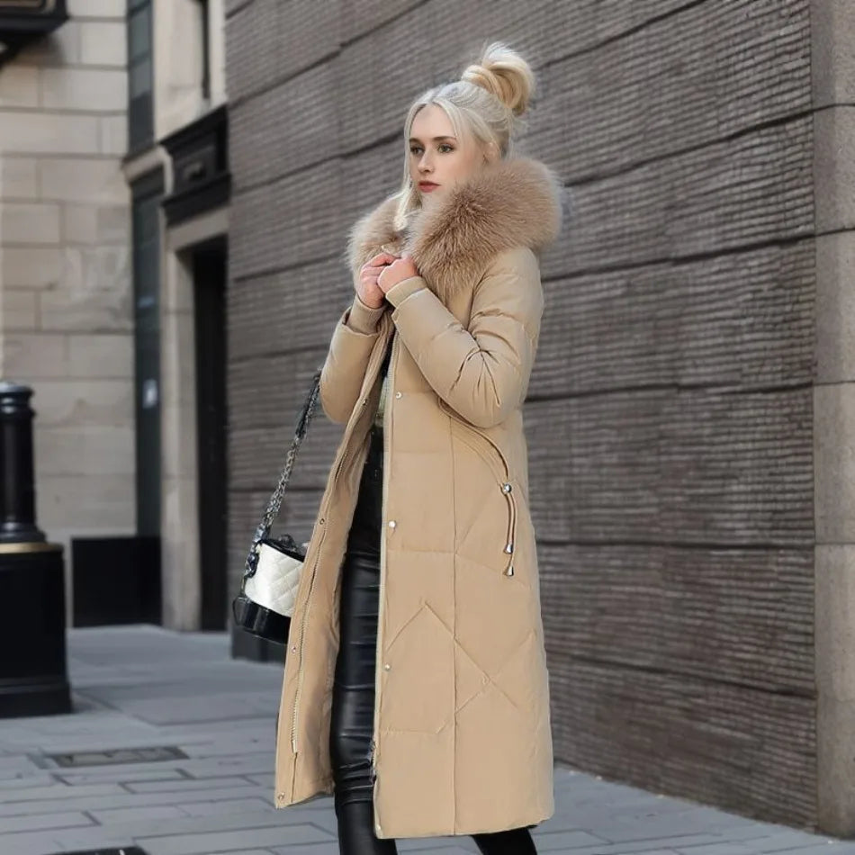Tahlia Longline Puffer Coat with Fur-Look Hood Trim in Khaki