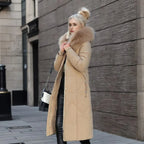 Tahlia Longline Puffer Coat with Fur-Look Hood Trim in Khaki