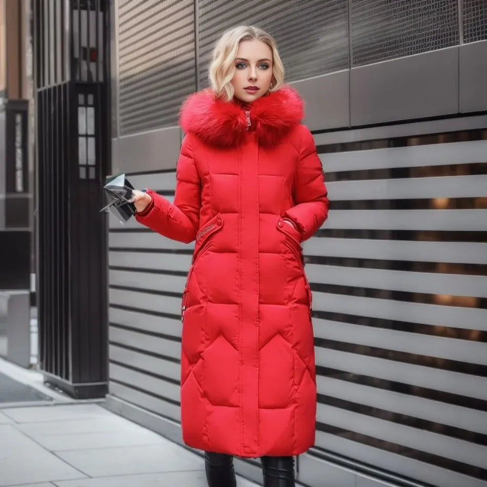 Tahlia Longline Puffer Coat with Fur-Look Hood Trim in Red