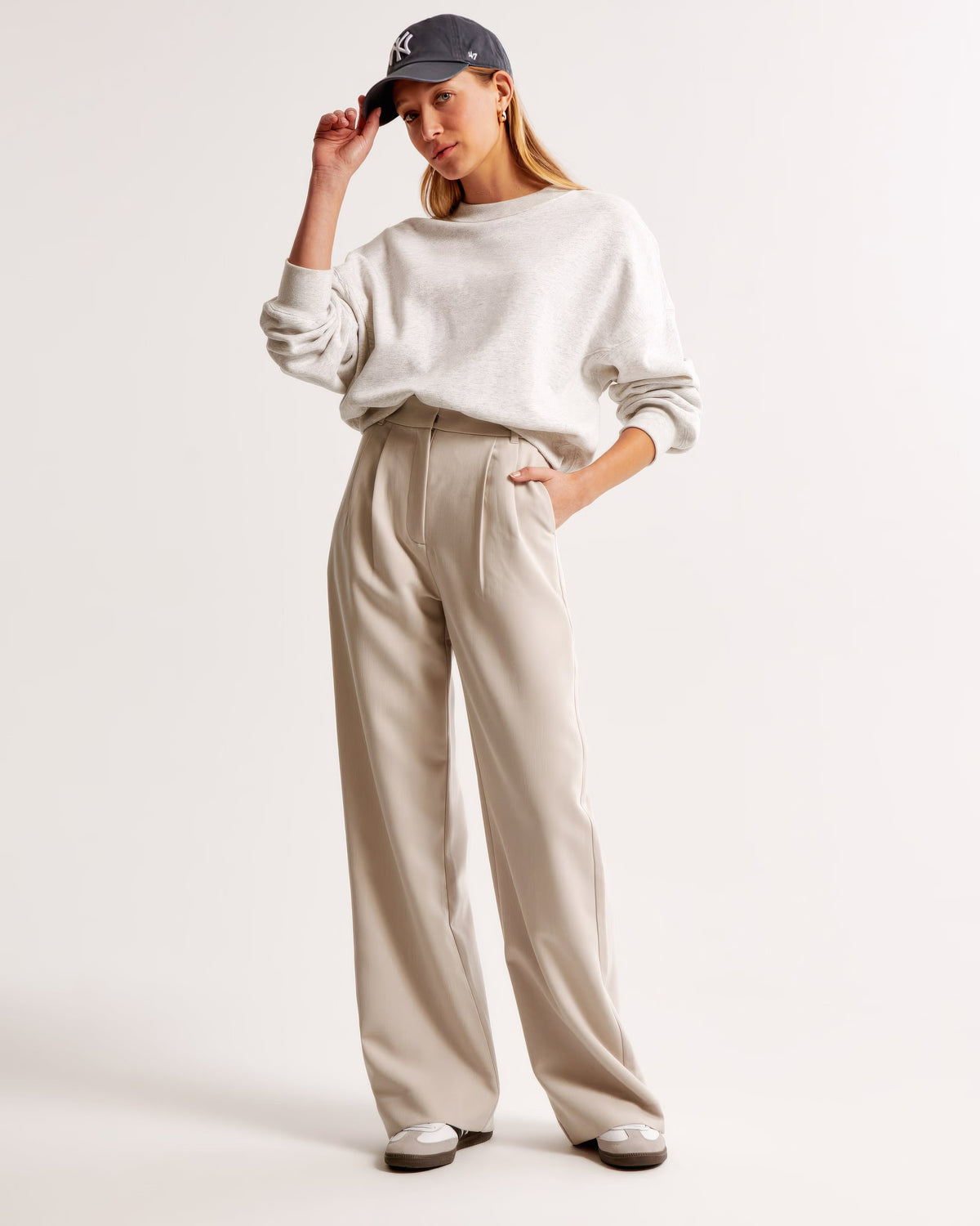Tailored Wide Leg Trousers with Pleated High Waist in Beige