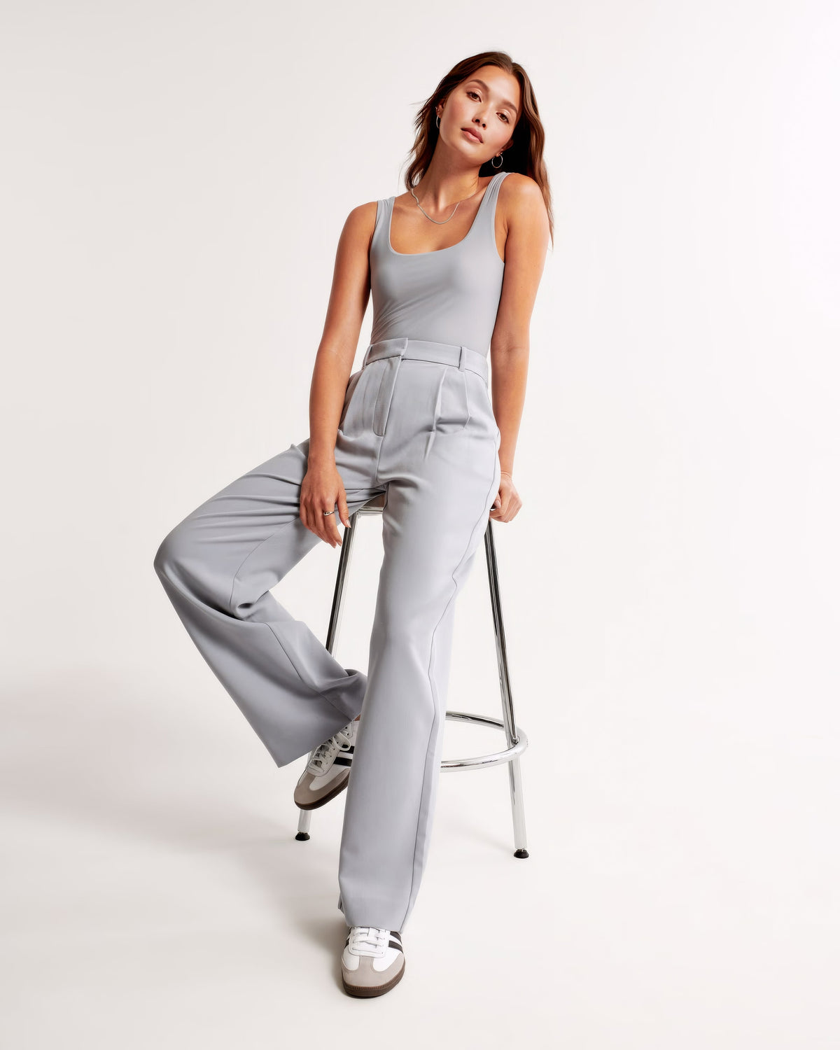 Tailored Wide Leg Trousers with Pleated High Waist in Light Grey