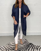 Talitha Open Front Longline Top with Ruffled Hem in Dark Blue