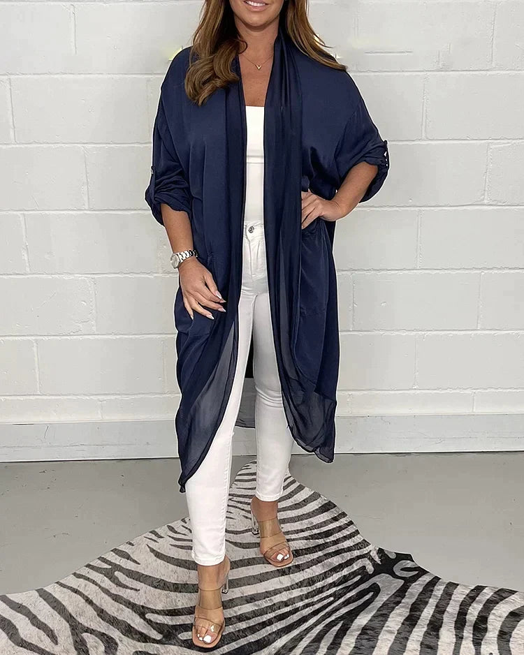 Talitha Open Front Longline Top with Ruffled Hem in Dark Blue