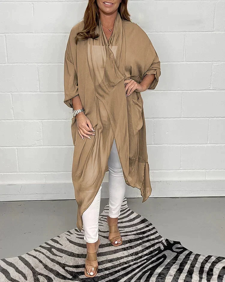 Talitha Open Front Longline Top with Ruffled Hem in Beige