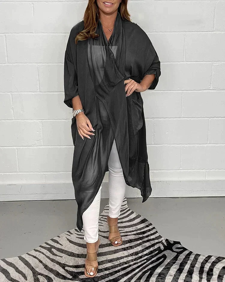 Talitha Open Front Longline Top with Ruffled Hem in Black