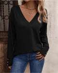 Therese V-Neck Top with Buttoned Cuffs and Long Sleeves in Black