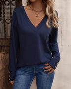 Therese V-Neck Top with Buttoned Cuffs and Long Sleeves in Dark Blue