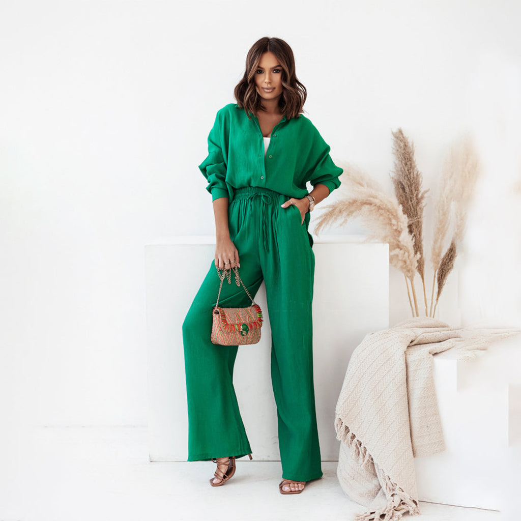 Una Leisure Set with Button Shirt and Wide Trousers in Green