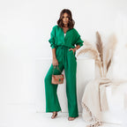 Una Leisure Set with Button Shirt and Wide Trousers in Green