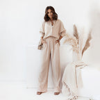 Una Leisure Set with Button Shirt and Wide Trousers in Apricot