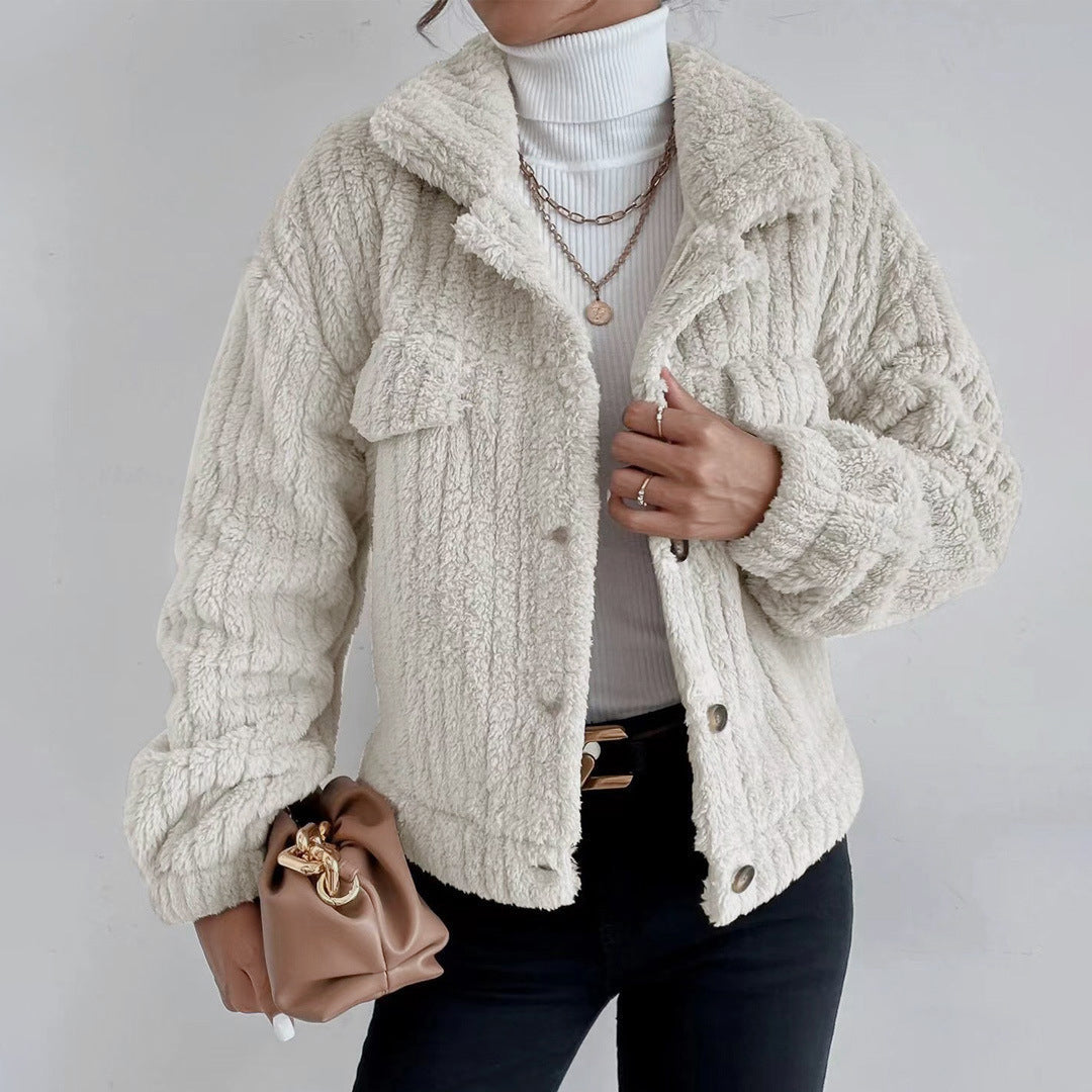 Uriel Cable-Texture Teddy Jacket with Button Front in Apricot