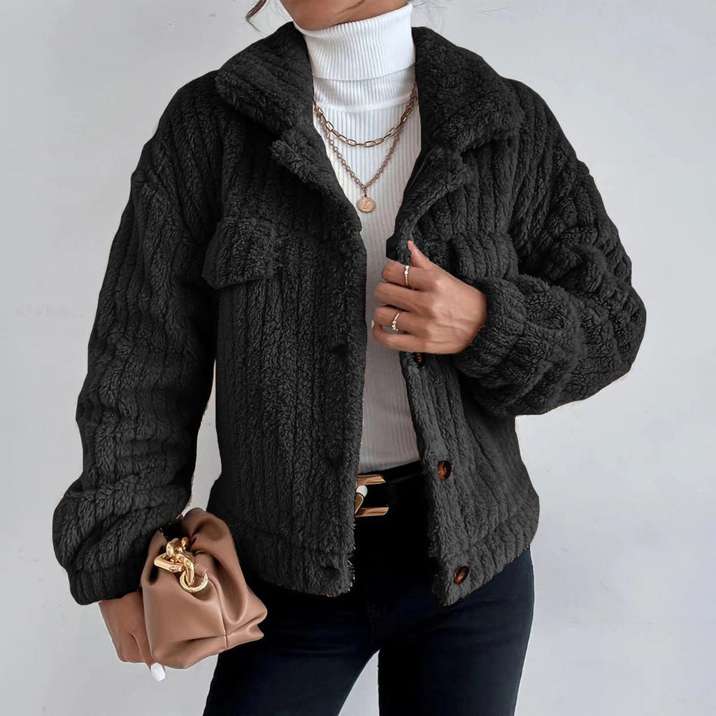 Uriel Cable-Texture Teddy Jacket with Button Front in Black