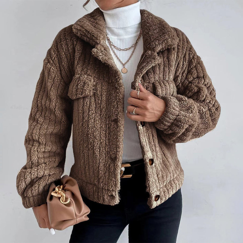 Uriel Cable-Texture Teddy Jacket with Button Front in Brown
