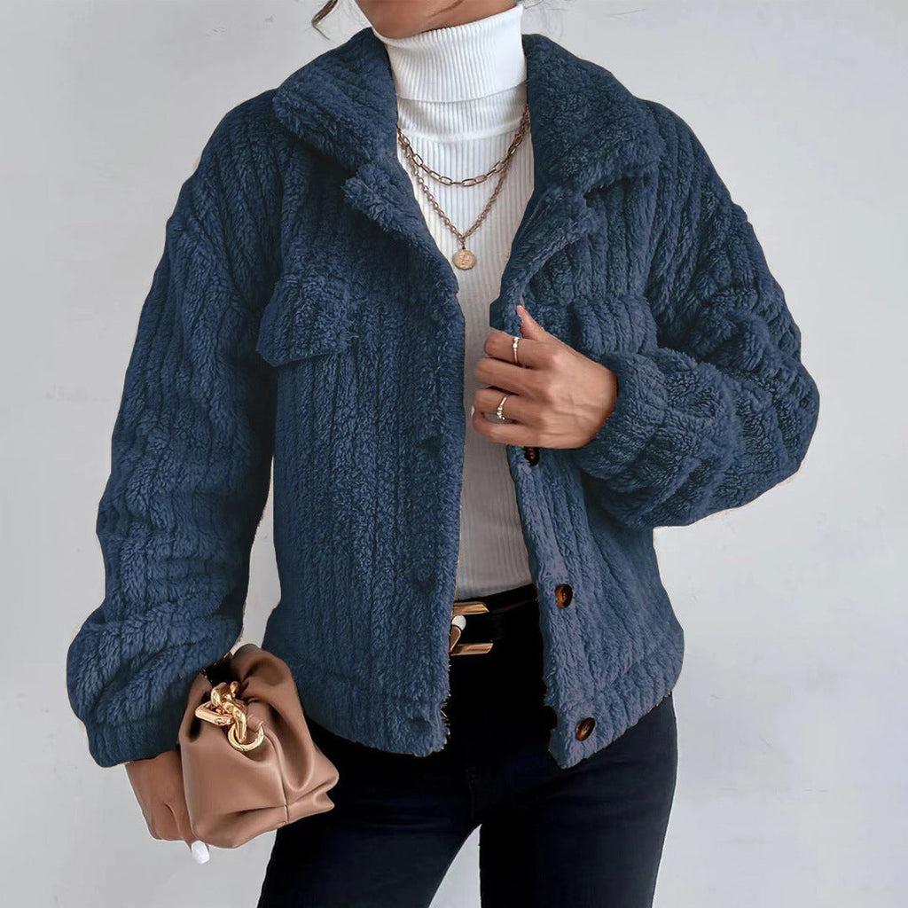 Uriel Cable-Texture Teddy Jacket with Button Front in Dark Blue