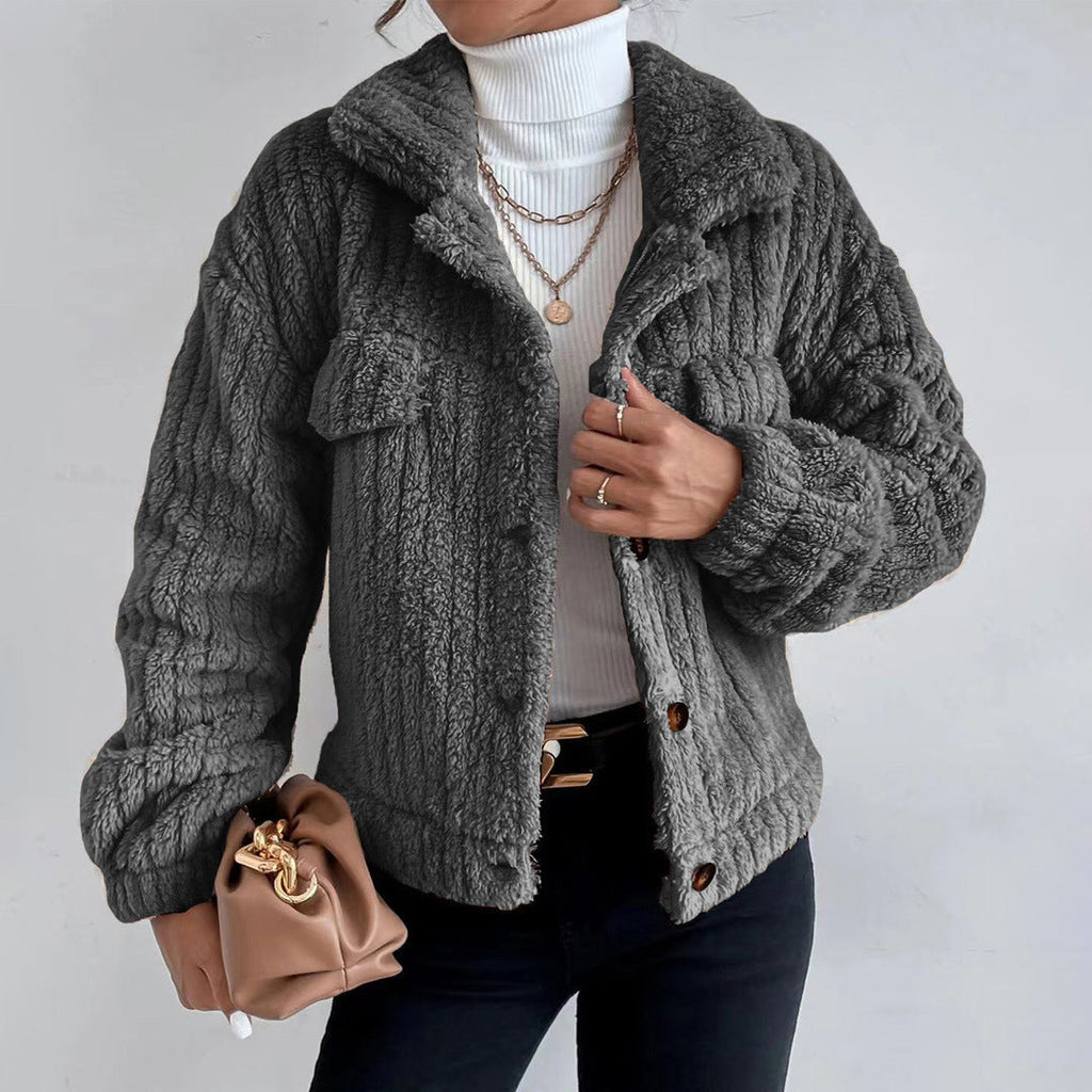 Uriel Cable-Texture Teddy Jacket with Button Front in Dark Grey