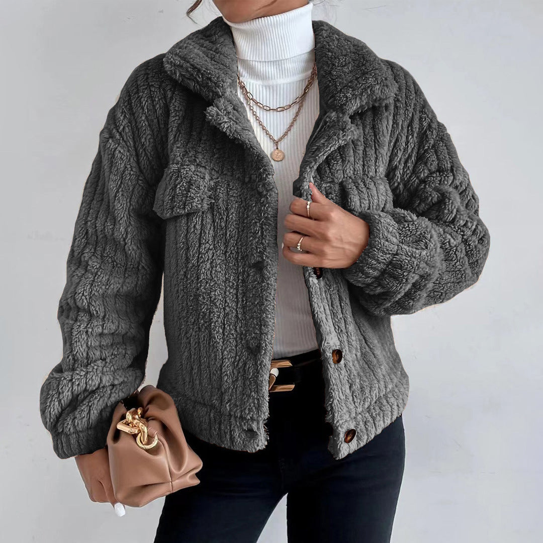 Uriel Cable-Texture Teddy Jacket with Button Front in Dark Grey
