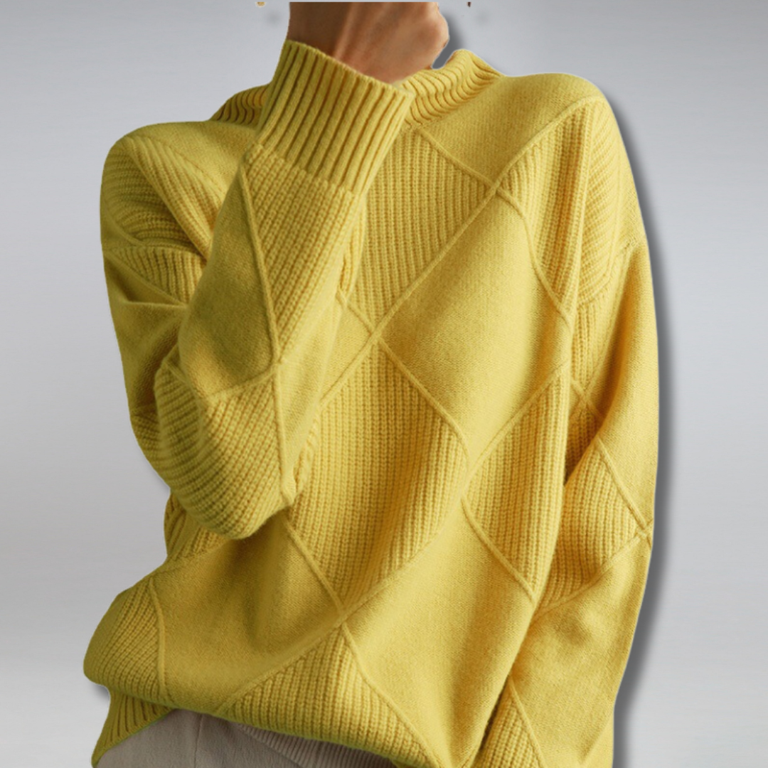 Valentina Turtleneck Sweater with Diamond Knit Texture in Yellow