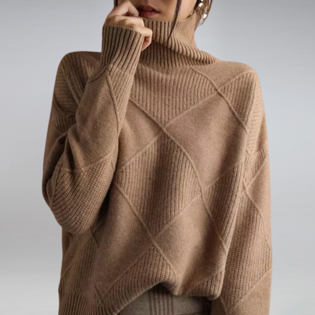 Valentina Turtleneck Sweater with Diamond Knit Texture in Brown