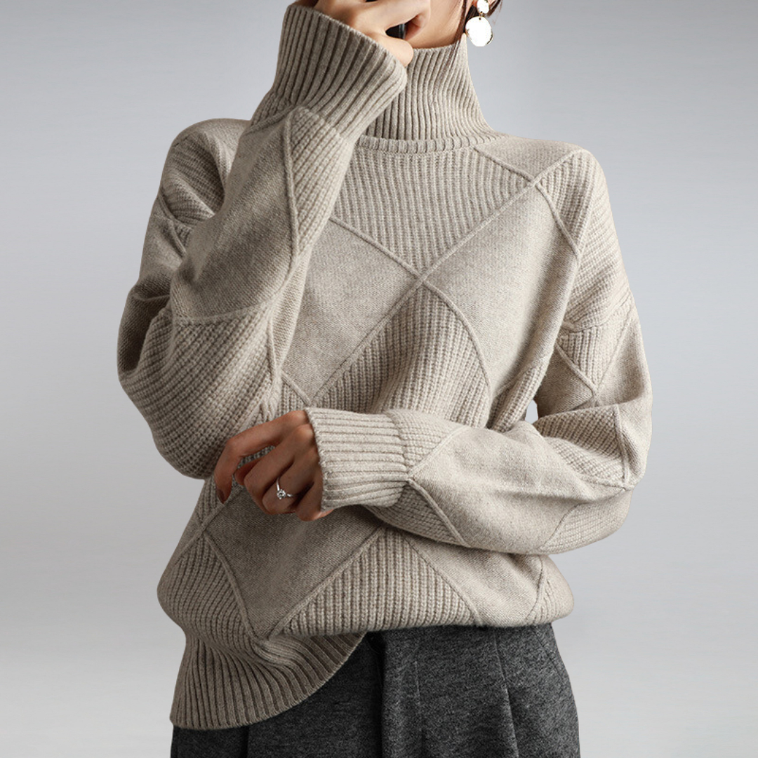 Valentina Turtleneck Sweater with Diamond Knit Texture in Grey