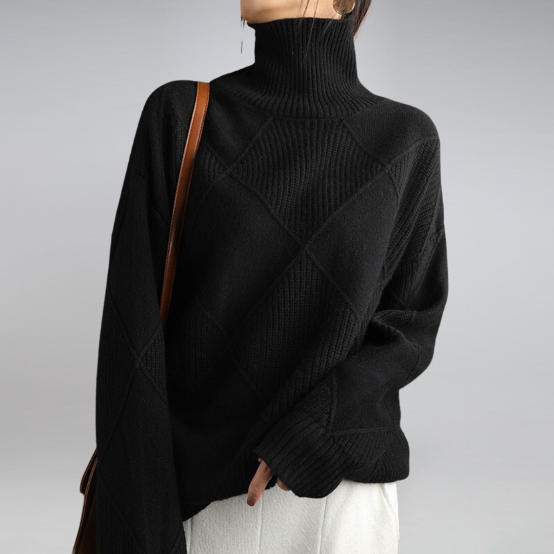 Valentina Turtleneck Sweater with Diamond Knit Texture in Black