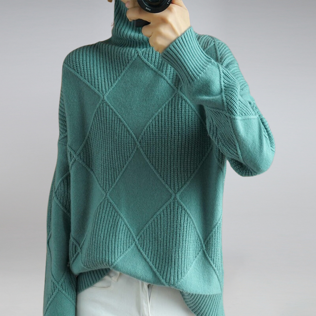 Valentina Turtleneck Sweater with Diamond Knit Texture in Green