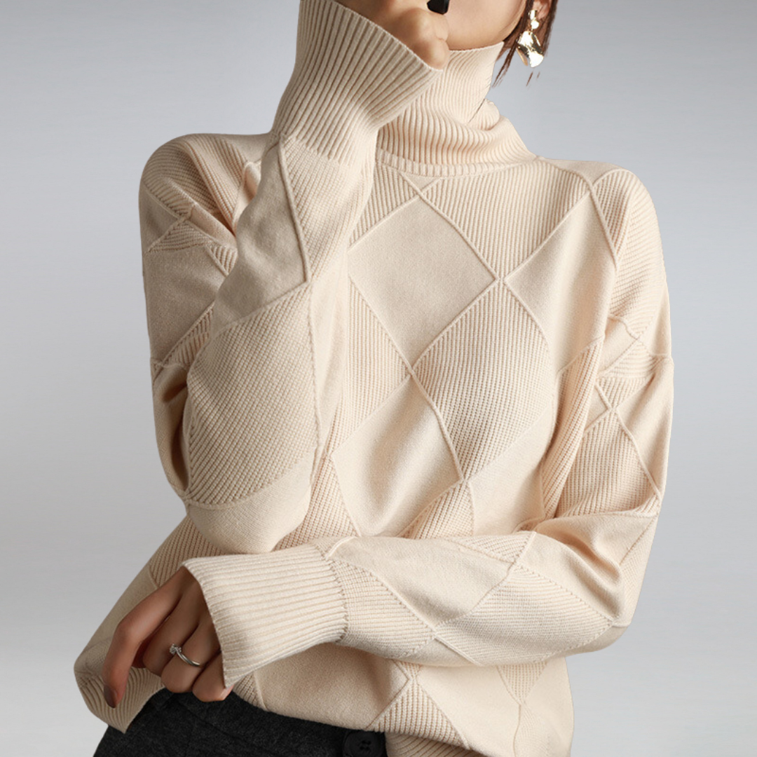 Valentina Turtleneck Sweater with Diamond Knit Texture in Beige
