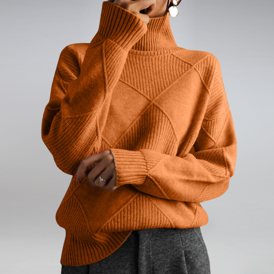 Valentina Turtleneck Sweater with Diamond Knit Texture in Orange