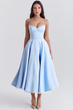 Vanna Satin Corset Midi Dress with Full Pleated Skirt in Blue