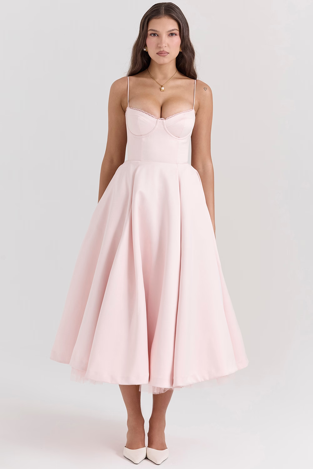 Vanna Satin Corset Midi Dress with Full Pleated Skirt in Pink