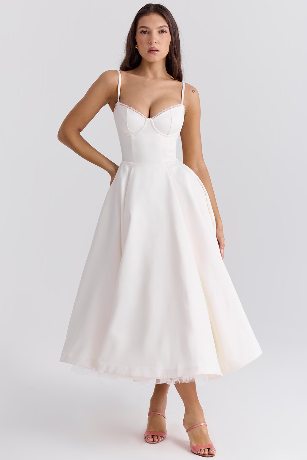 Vanna Satin Corset Midi Dress with Full Pleated Skirt in White