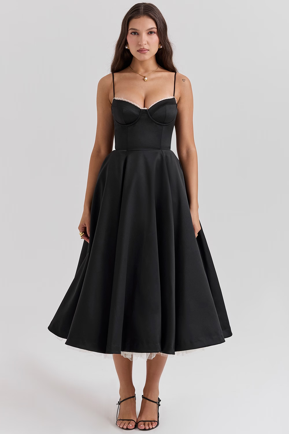 Vanna Satin Corset Midi Dress with Full Pleated Skirt in Black