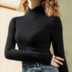 Velma Fine Turtleneck Sweater with V-Seam Neckline in Black