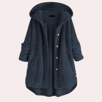 Vera Hooded Teddy Jacket with Curved Hem and Buttons in Dark Blue