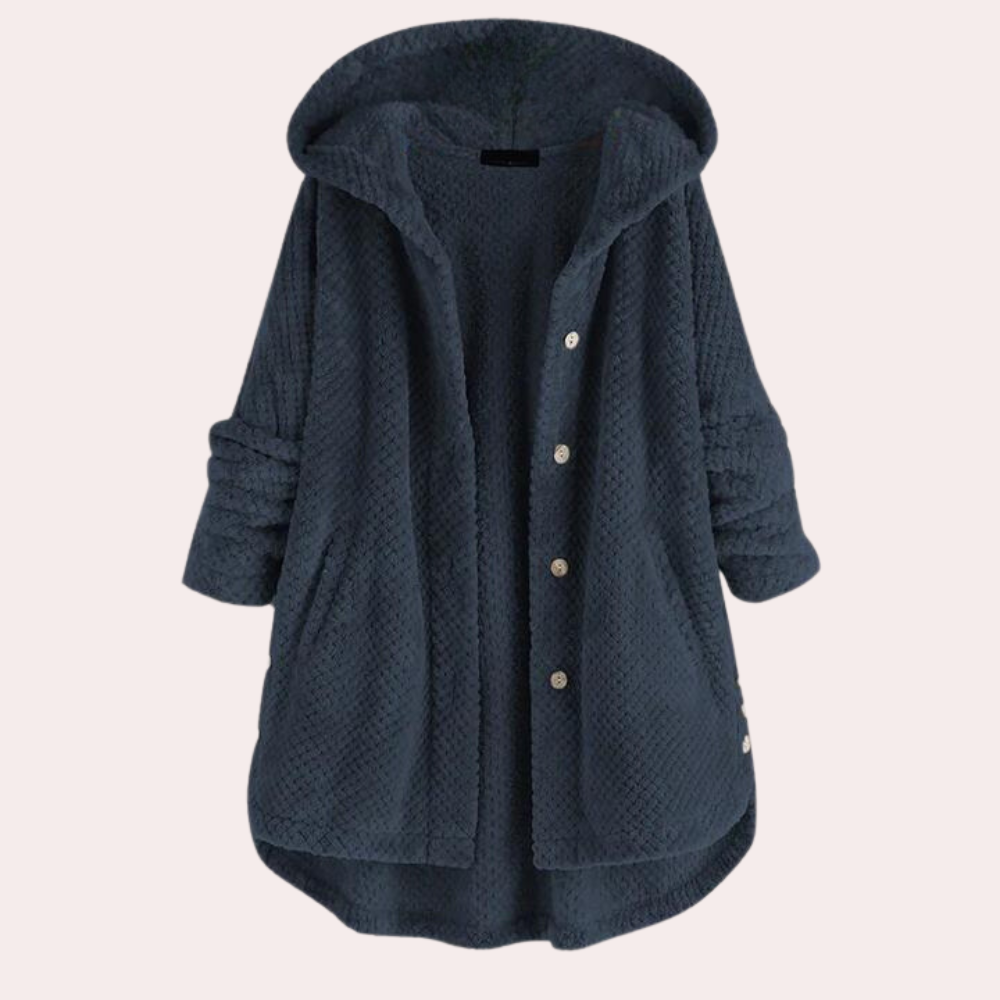 Vera Hooded Teddy Jacket with Curved Hem and Buttons in Dark Blue