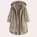 Vera Hooded Teddy Jacket with Curved Hem and Buttons in Khaki