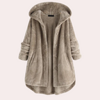 Vera Hooded Teddy Jacket with Curved Hem and Buttons in Khaki