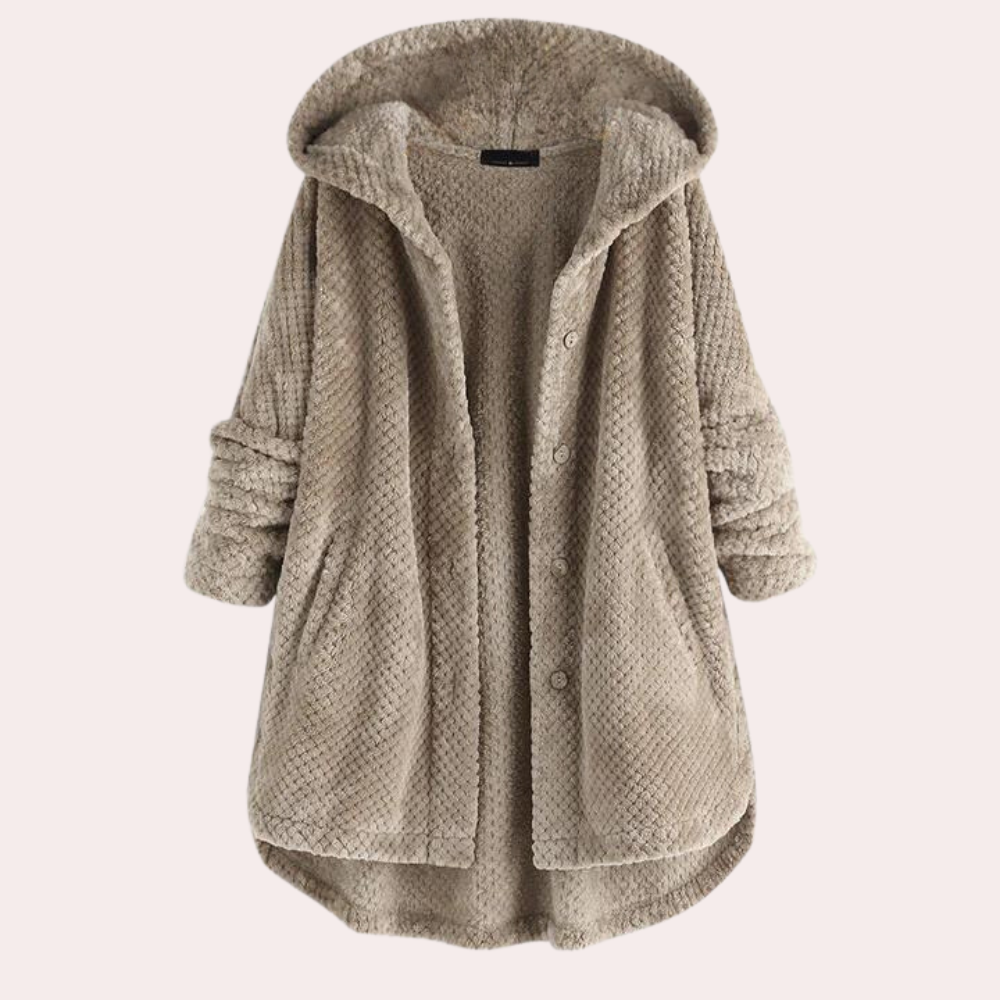 Vera Hooded Teddy Jacket with Curved Hem and Buttons in Khaki