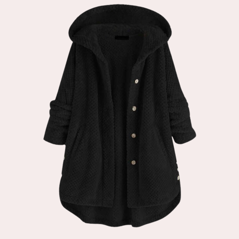Vera Hooded Teddy Jacket with Curved Hem and Buttons in Black