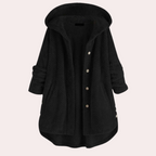 Vera Hooded Teddy Jacket with Curved Hem and Buttons in Black