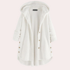 Vera Hooded Teddy Jacket with Curved Hem and Buttons in White