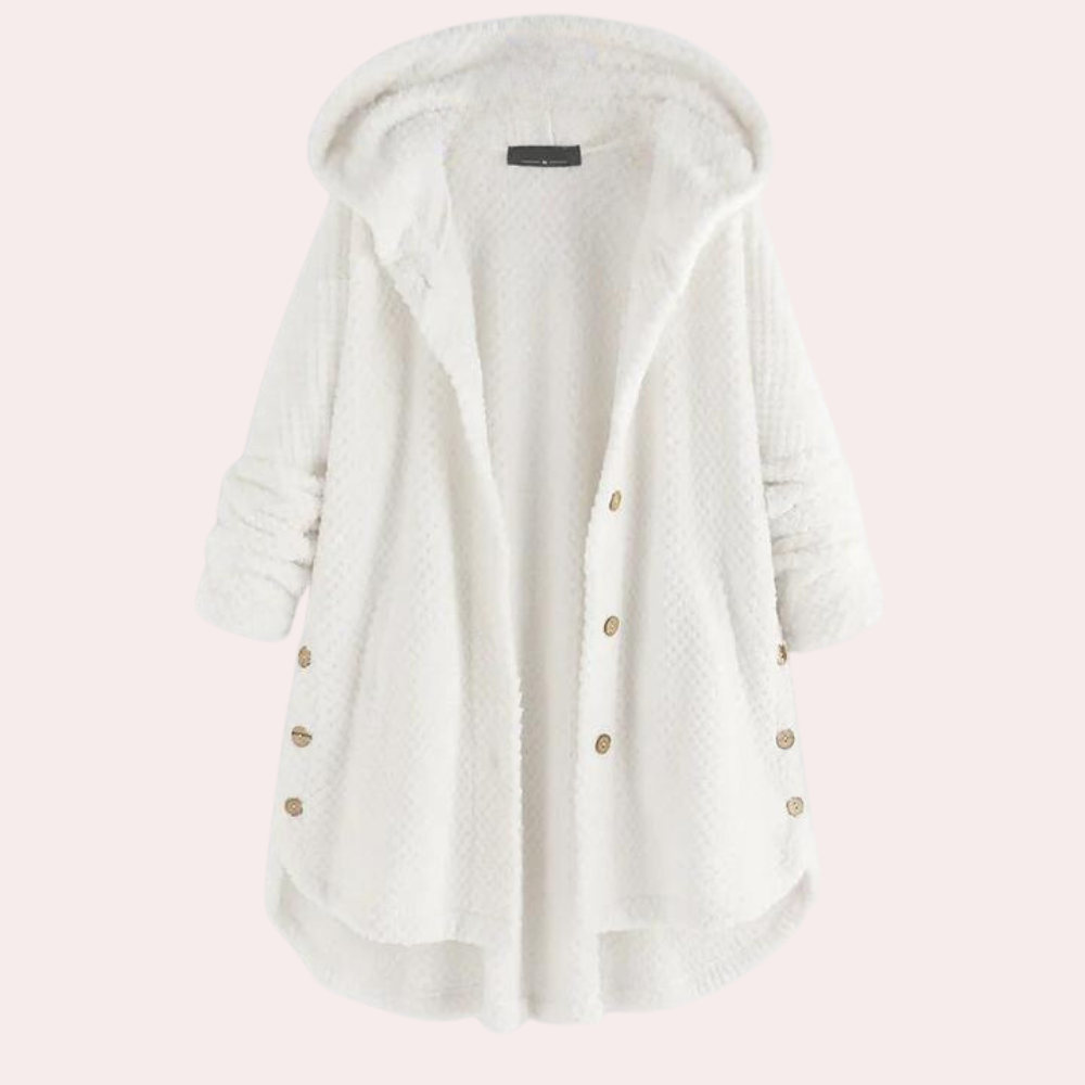 Vera Hooded Teddy Jacket with Curved Hem and Buttons in White