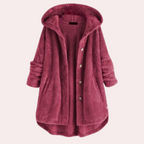 Vera Hooded Teddy Jacket with Curved Hem and Buttons in Wine Red