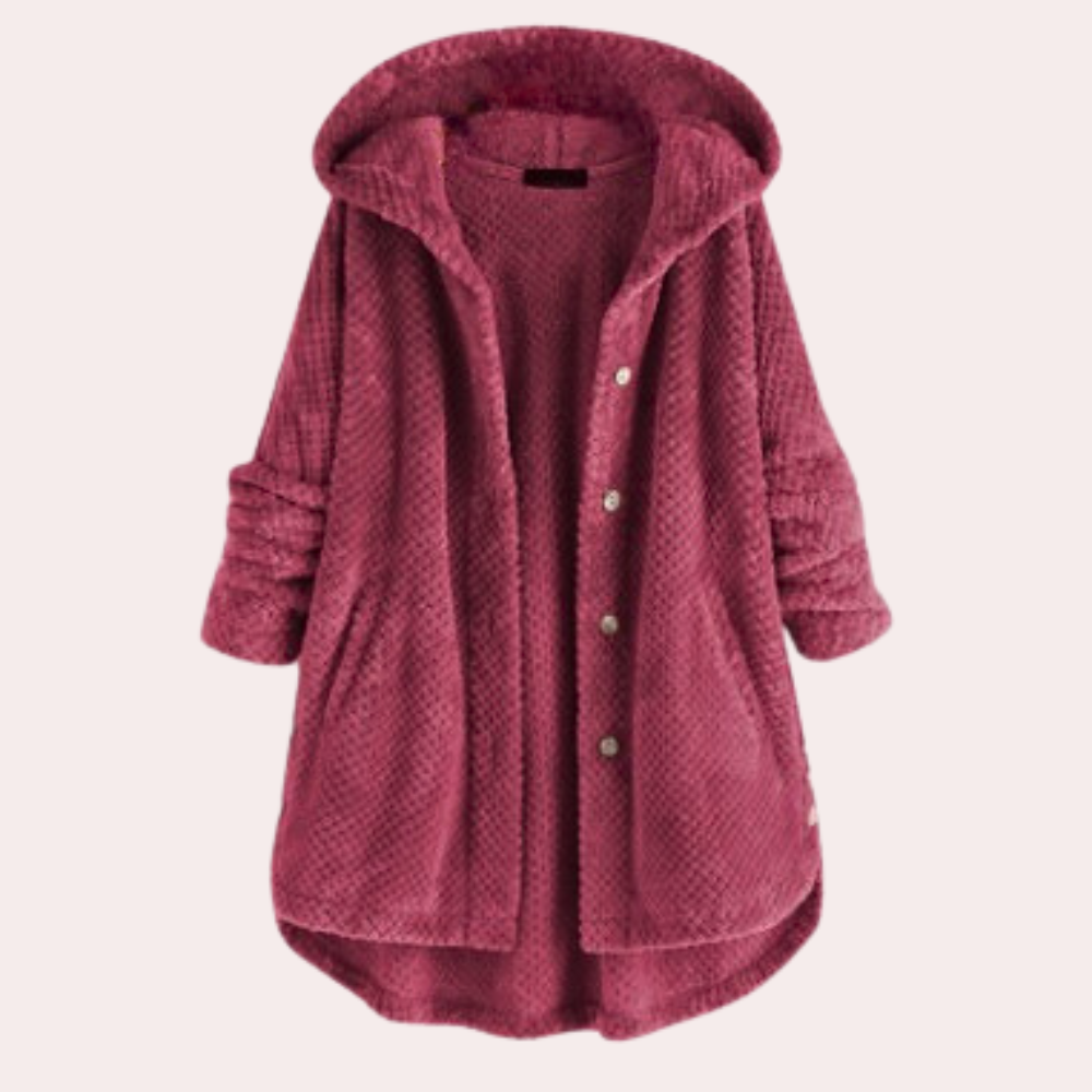 Vera Hooded Teddy Jacket with Curved Hem and Buttons in Wine Red